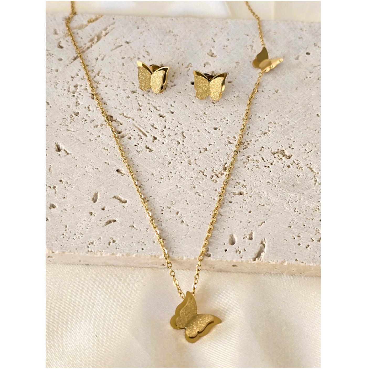 White Gold-Filled Butterfly Necklace & Earrings Set for Women, Elegant Gift