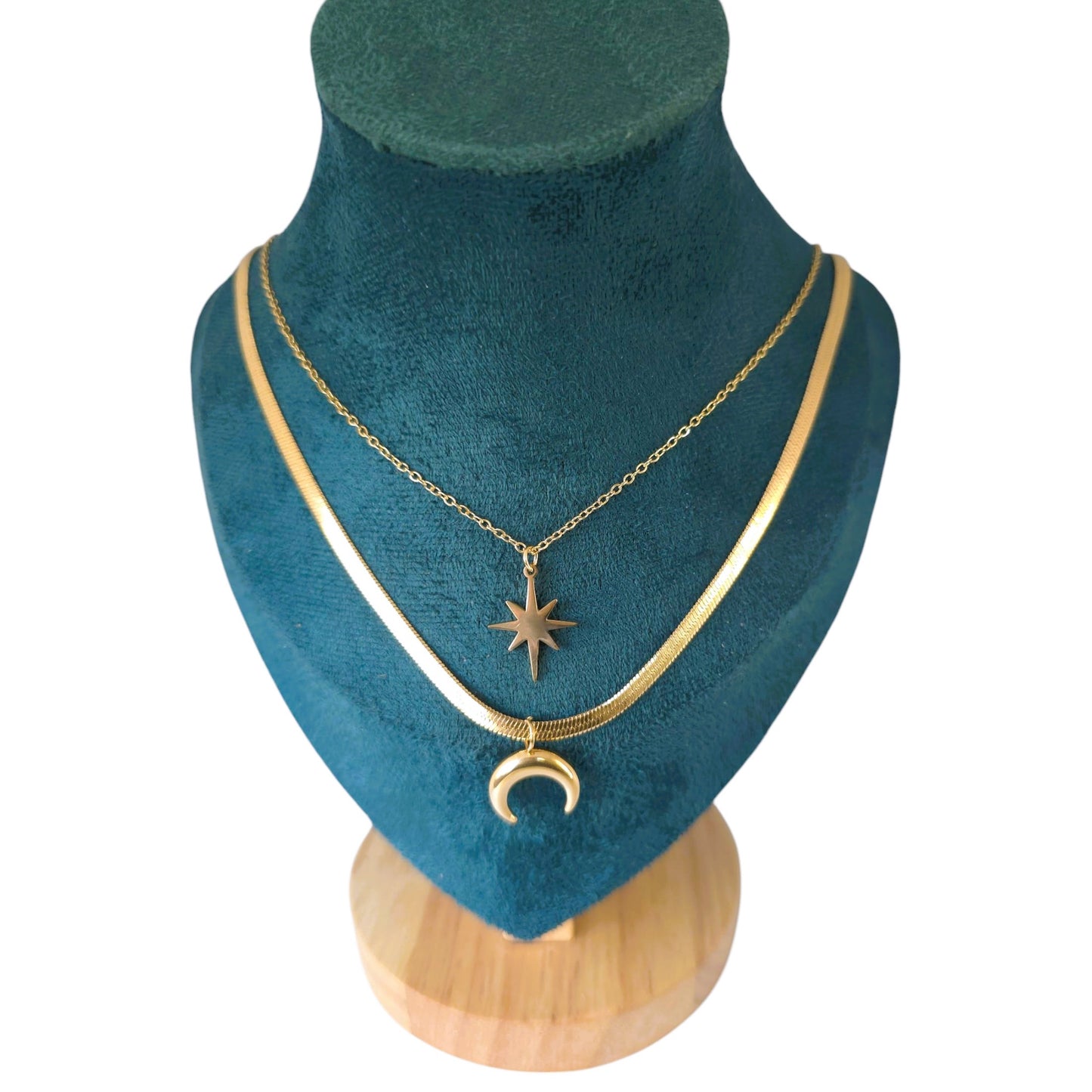 18K Gold Plated Double Layer Necklace – Moon & Star Pendant, 20"