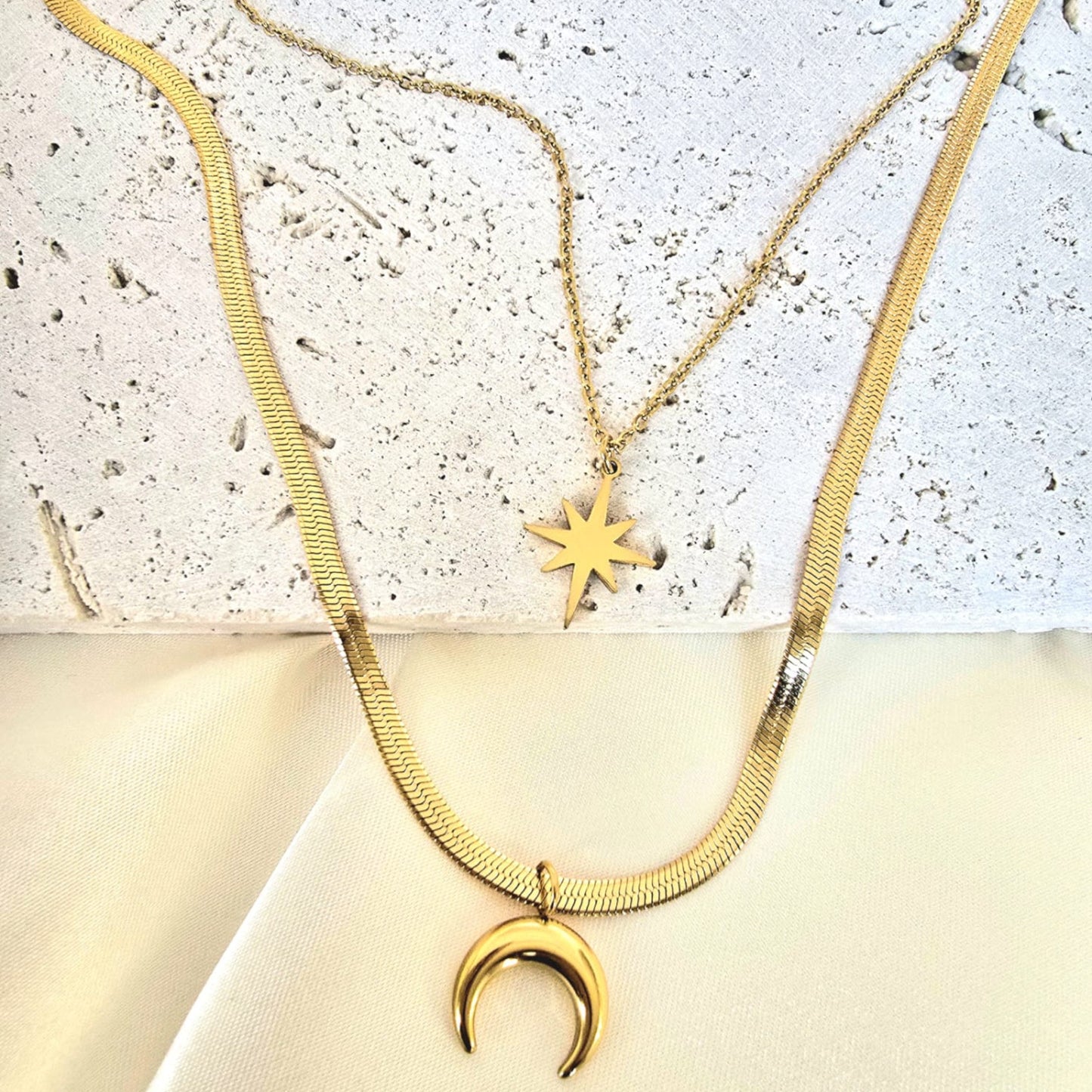 18K Gold Plated Double Layer Necklace – Moon & Star Pendant, 20"
