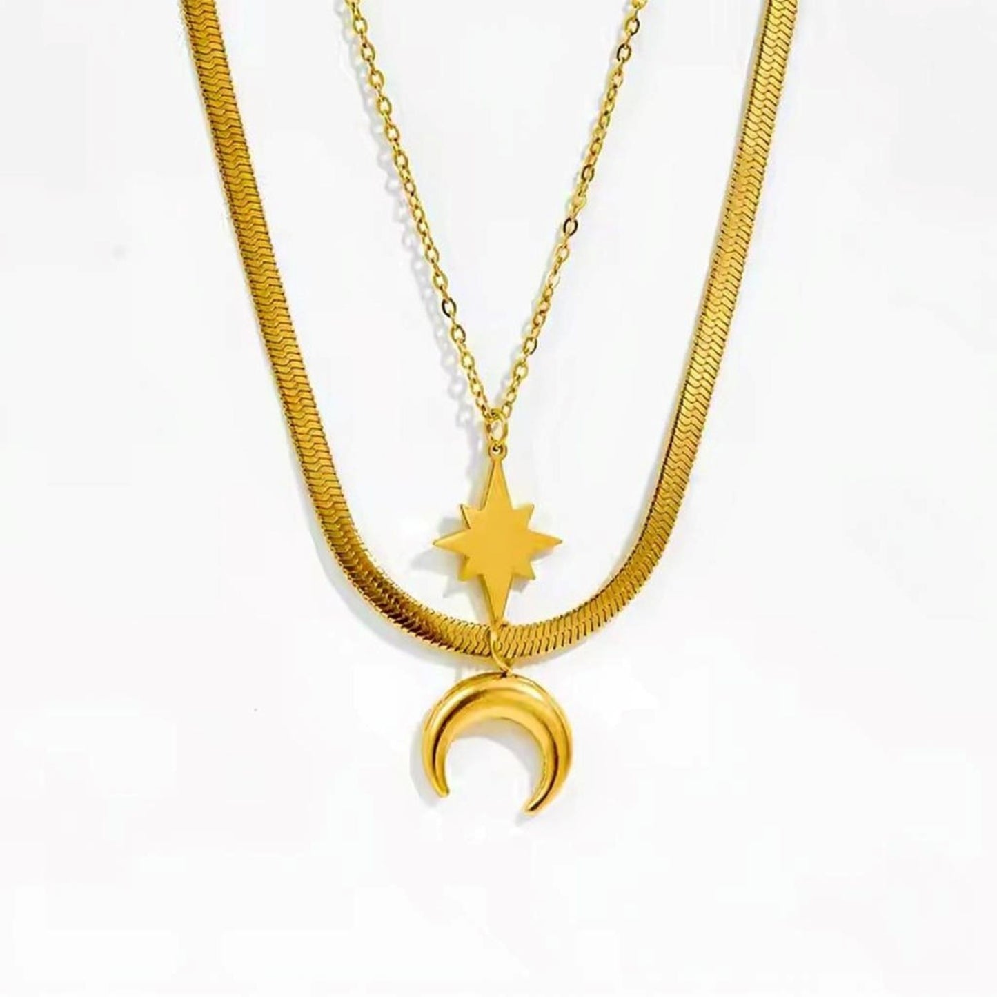 18K Gold Filled Double Layer Necklace – Moon & Star Pendant, 20"