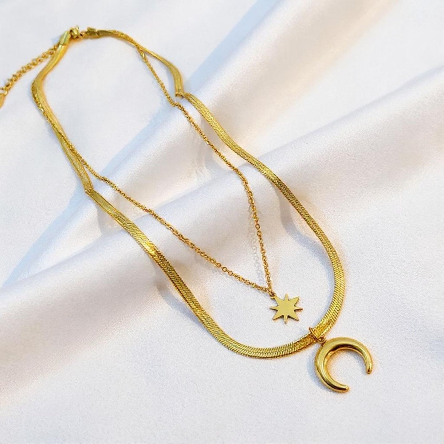 18K Gold Filled Double Layer Necklace – Moon & Star Pendant, 20"