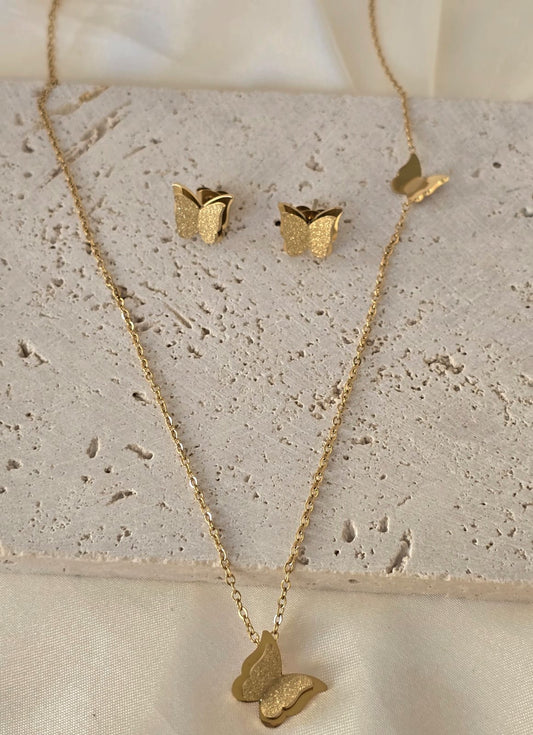 18K Gold-Plated Butterfly Necklace & Earrings Set for Women, Elegant Gift
