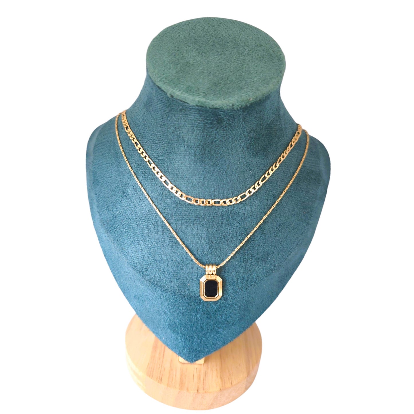 18K Gold Plated Stainless Steel Layered Chain and Square Black Pendant Necklace for Women