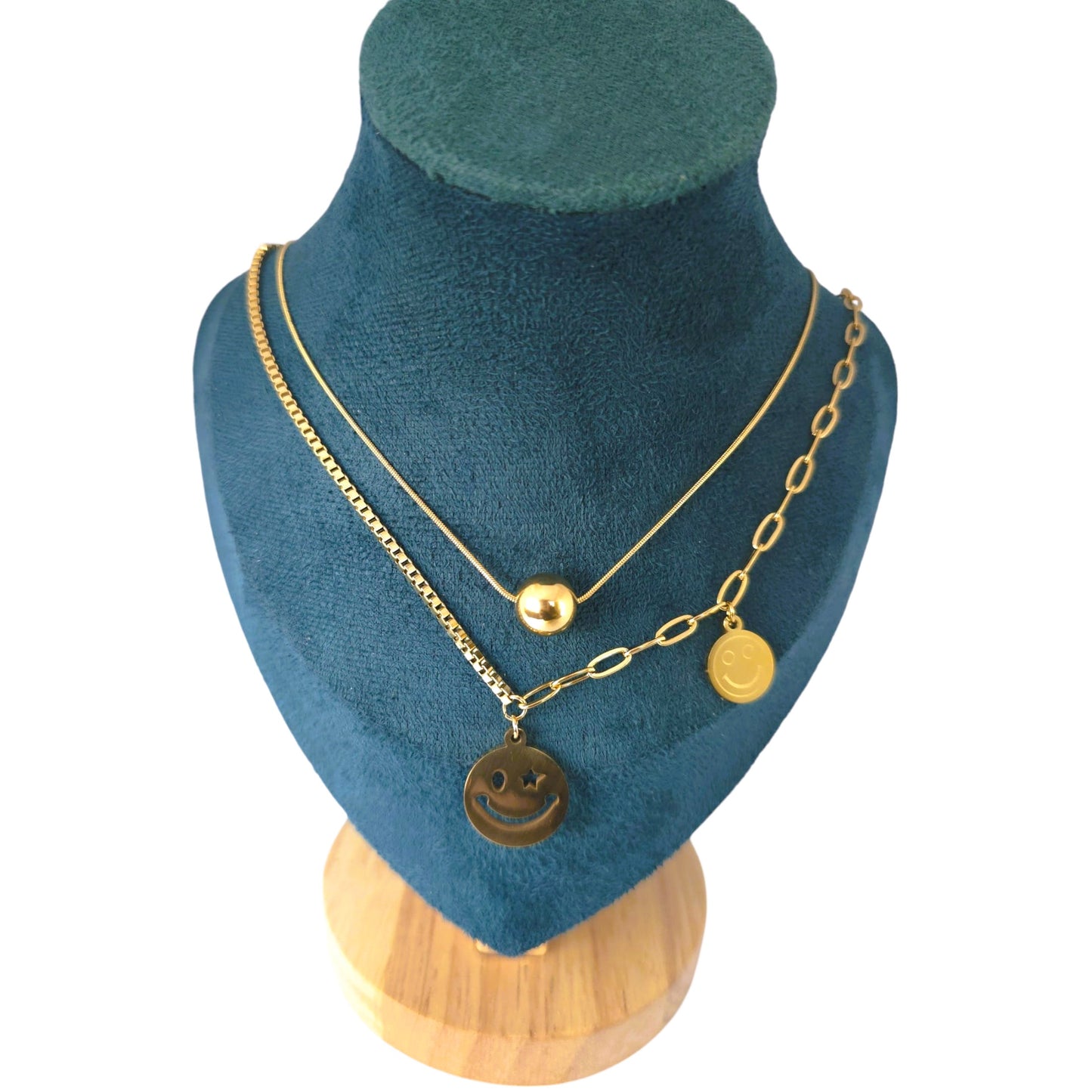 18K Gold Plated Double Layer Necklace Women’s Smile & Circle Pendant 18"