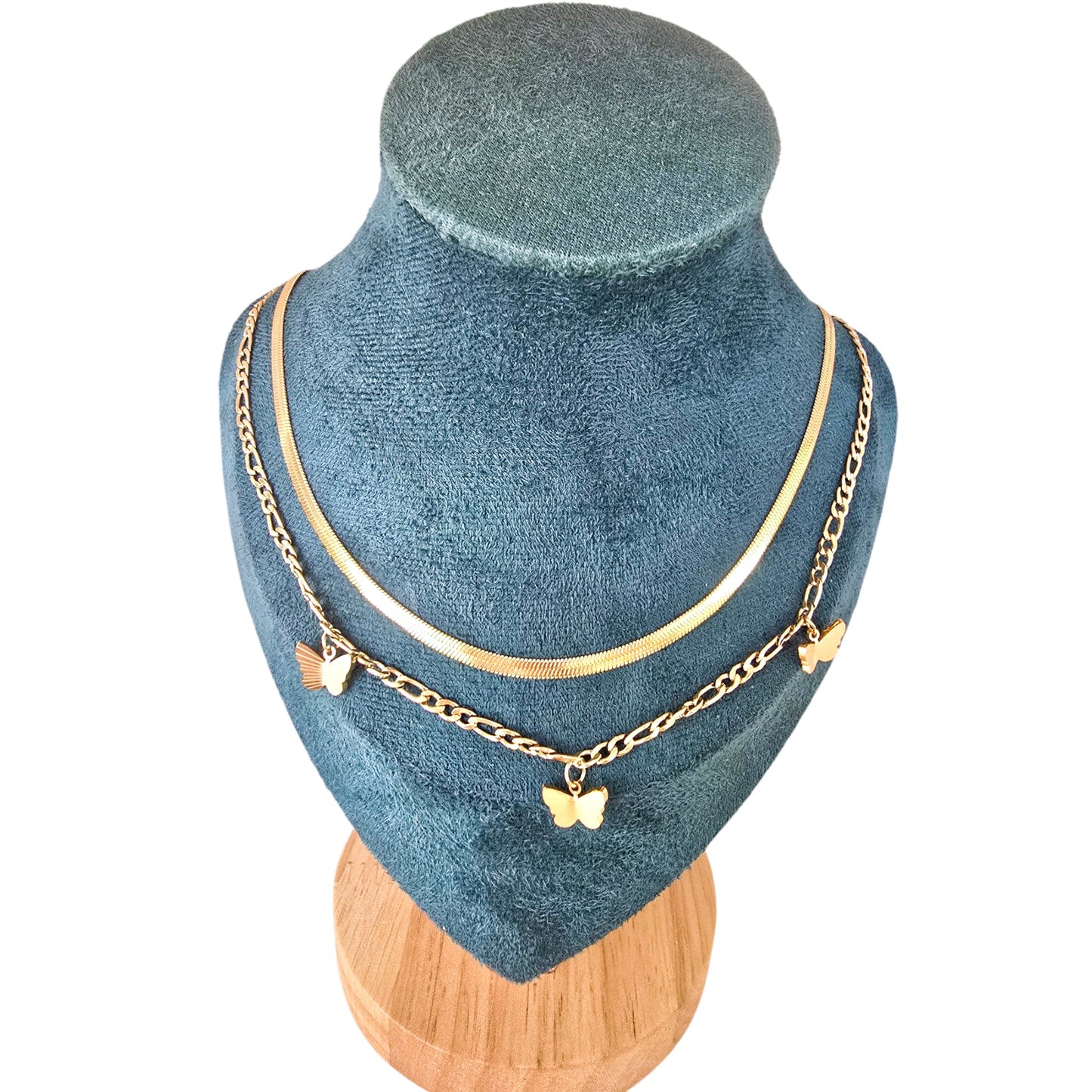 18K Gold Filled Butterfly Necklace Women’s Layered Snake and Link Chain 16"