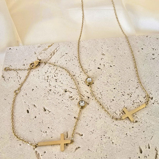 18K Gold-Plated Cross Station Necklace Bracelet Set for Women Elegant Gift