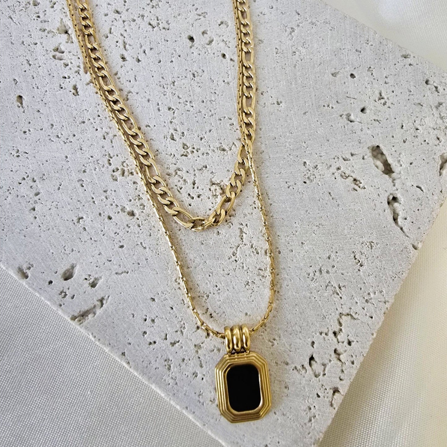 18K Gold Plated Stainless Steel Layered Chain and Square Black Pendant Necklace for Women