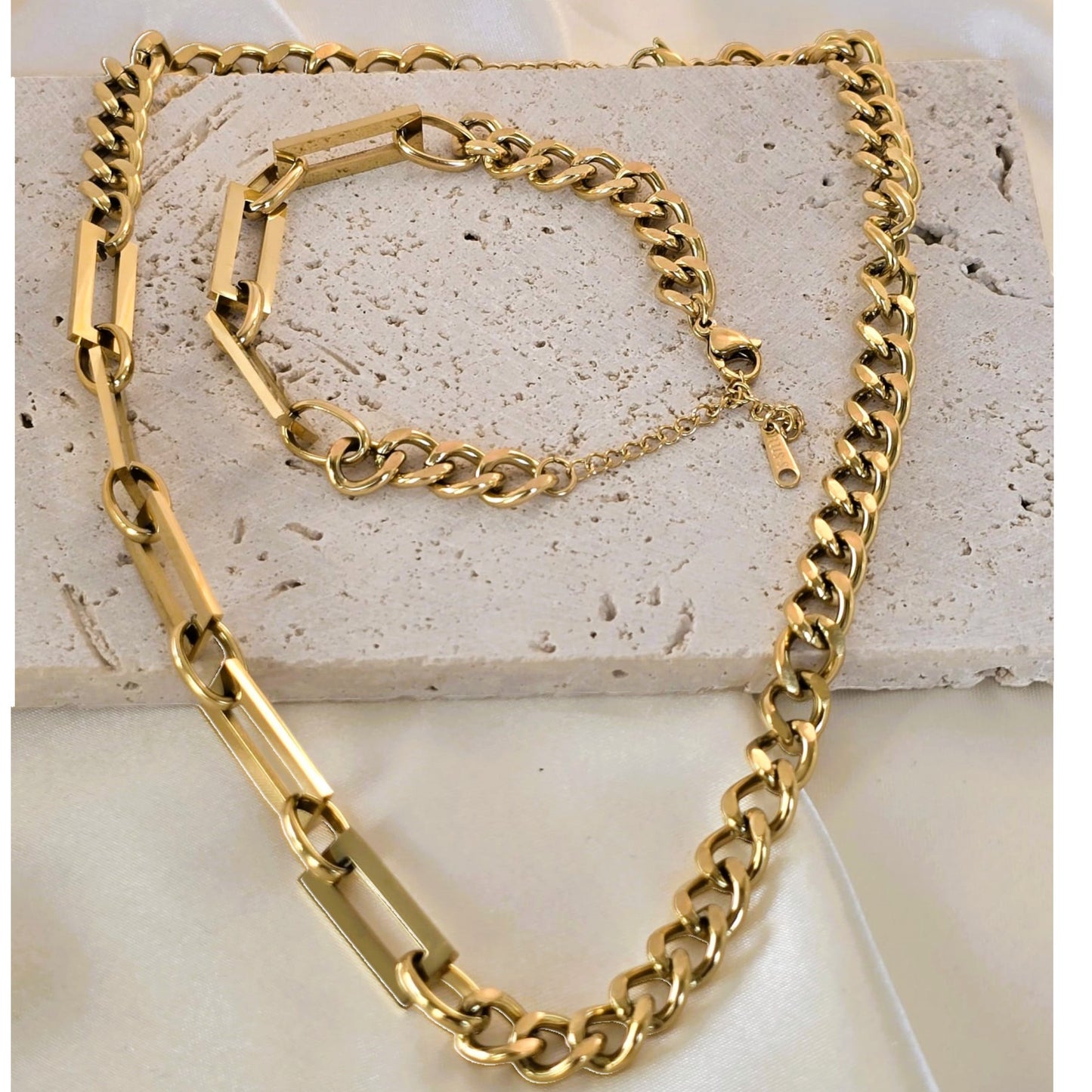 18K Gold-Filled Link Chain Bracelet Necklace Set for Women Classic Gift