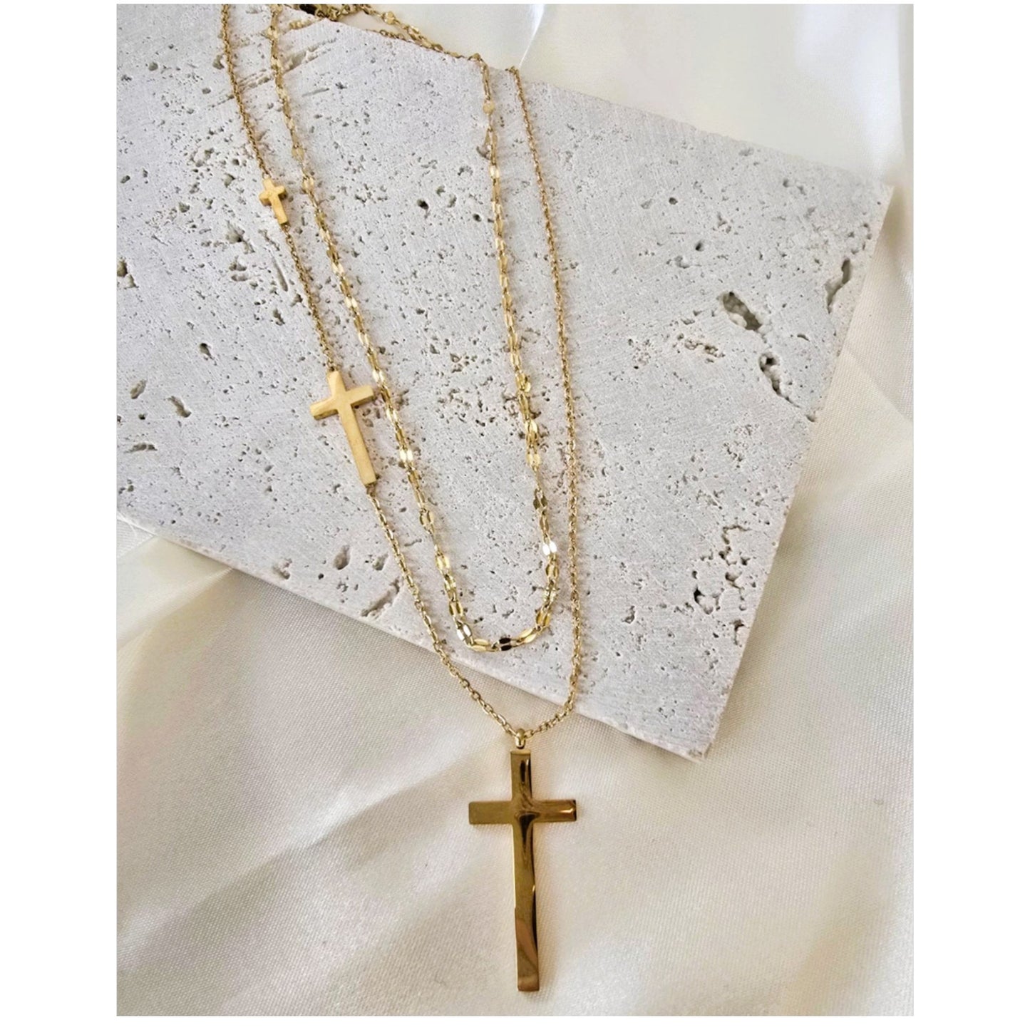 18K Gold Plated Three Cross Necklace Women’s Layered Pendant Chain 18"