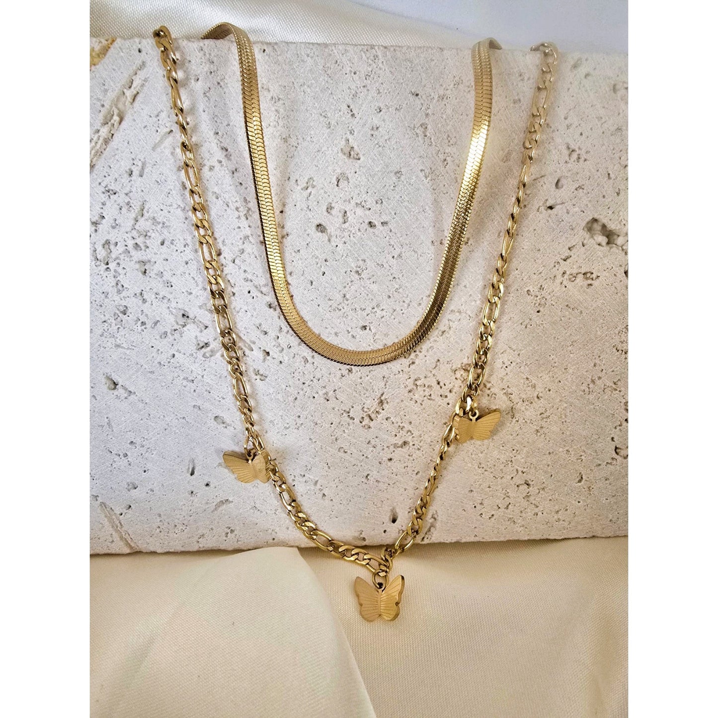 18K Gold Plated Butterfly Necklace Women’s Layered Snake and Link Chain 16"