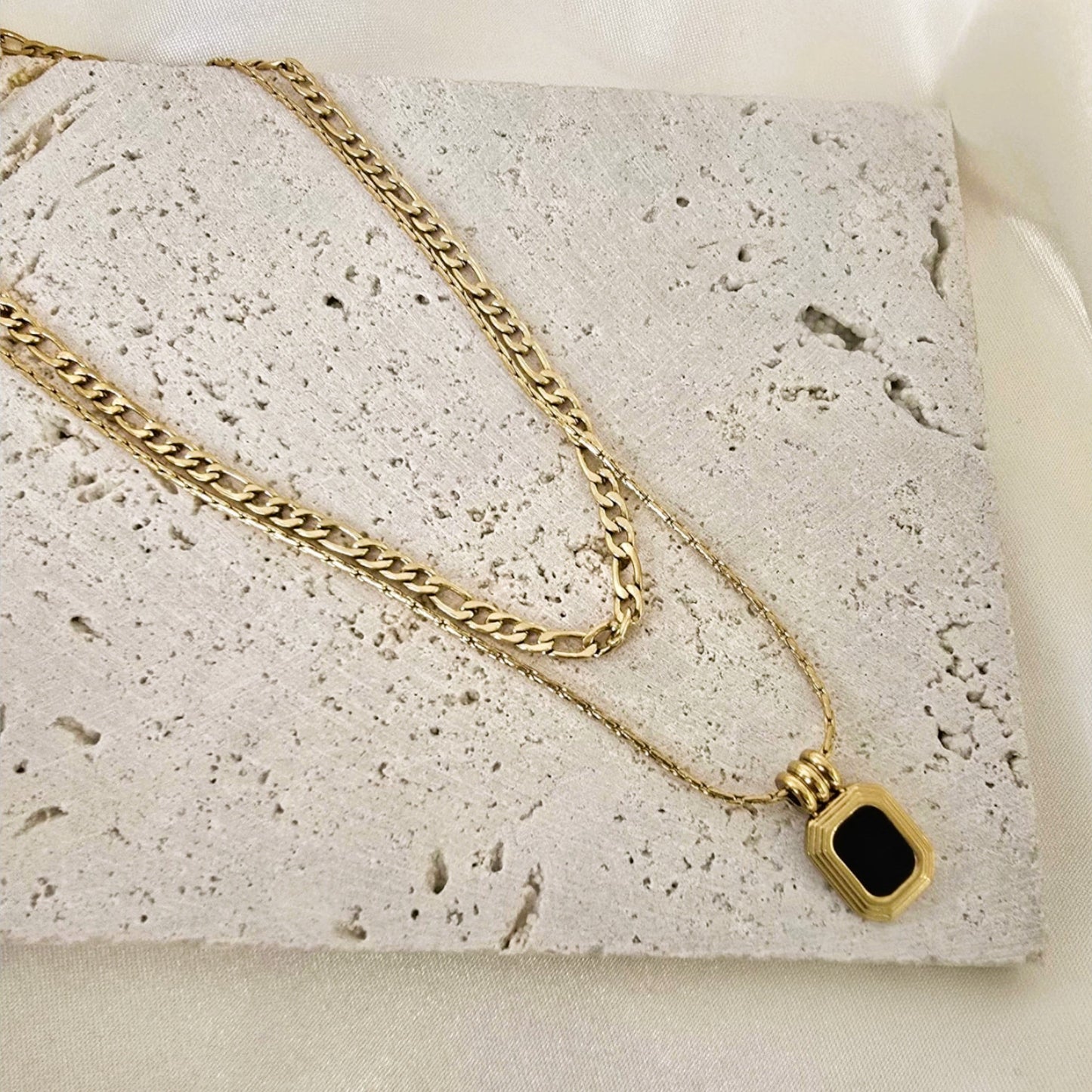 18K Gold Plated Stainless Steel Layered Chain and Square Black Pendant Necklace for Women