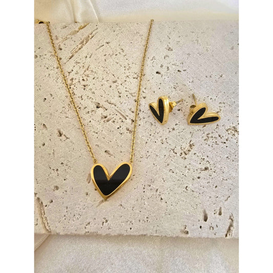 18K Yellow Gold-Plated Jewelry Set Black Heart Earrings & Pendant Necklace