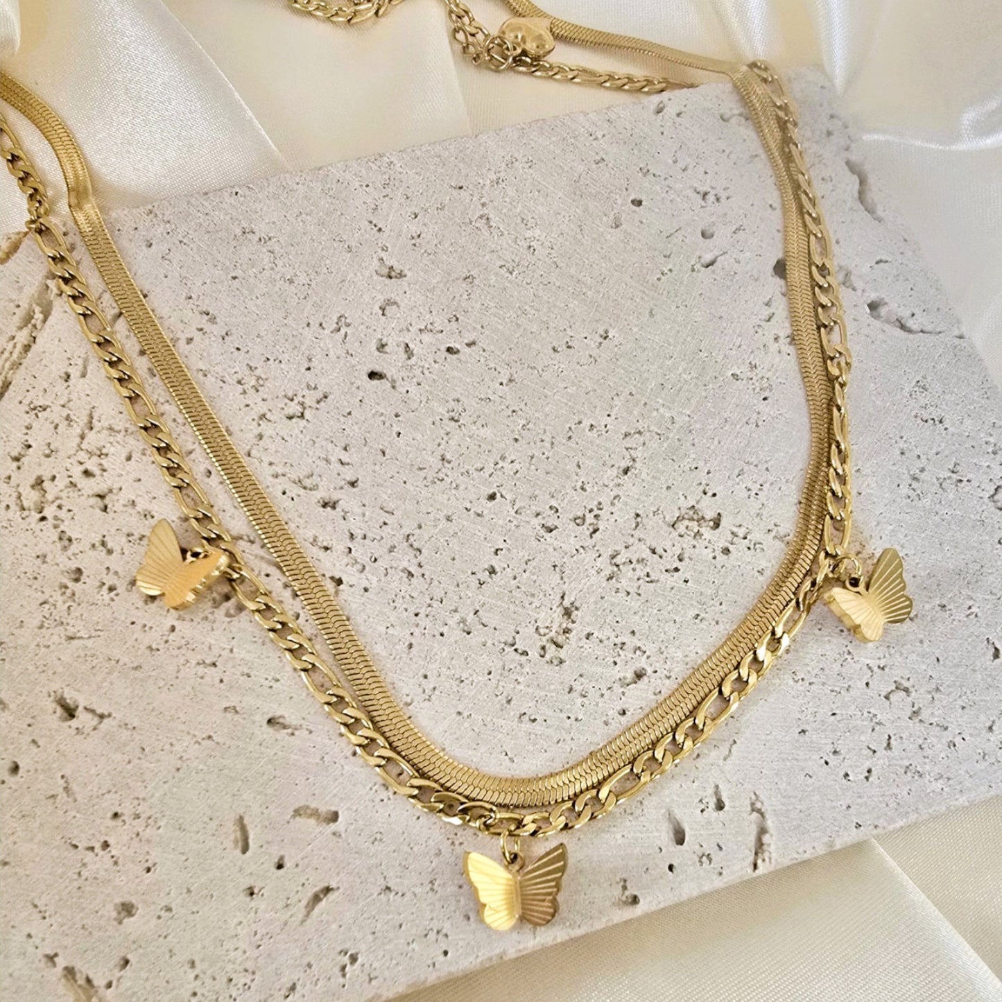 18K Gold Filled Butterfly Necklace Women’s Layered Snake and Link Chain 16"