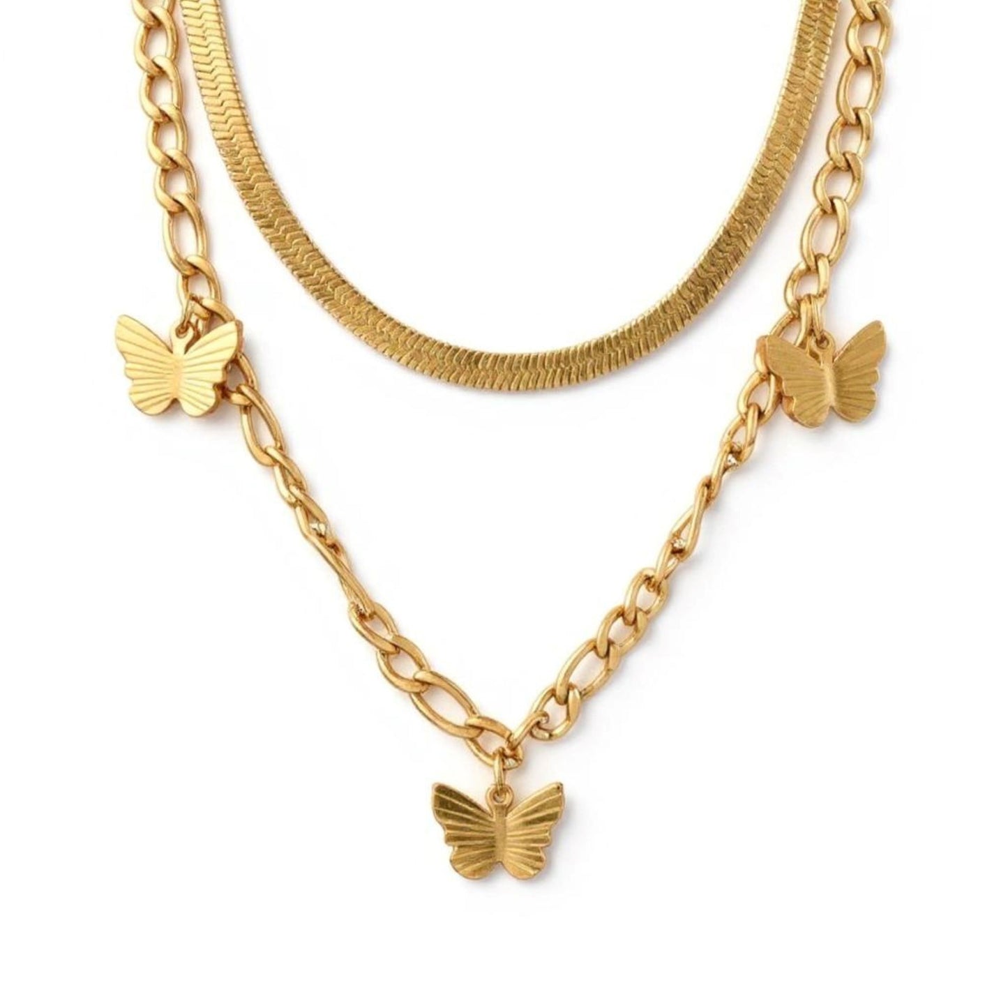 18K Gold Filled Butterfly Necklace Women’s Layered Snake and Link Chain 16"