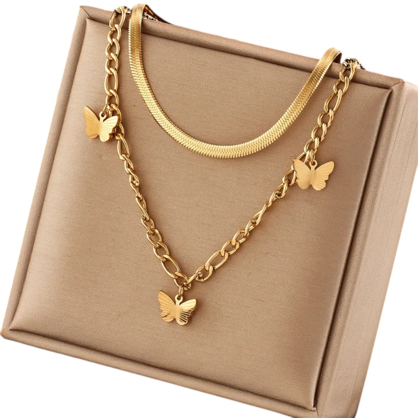 18K Gold Filled Butterfly Necklace Women’s Layered Snake and Link Chain 16"