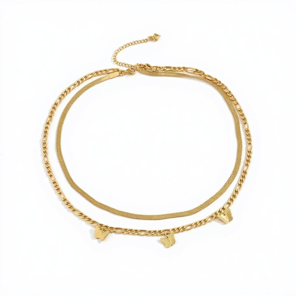 18K Gold Filled Butterfly Necklace Women’s Layered Snake and Link Chain 16"