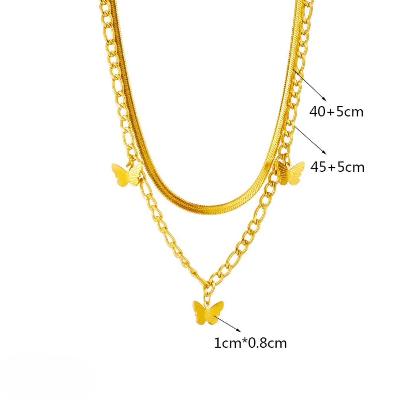 18K Gold Filled Butterfly Necklace Women’s Layered Snake and Link Chain 16"