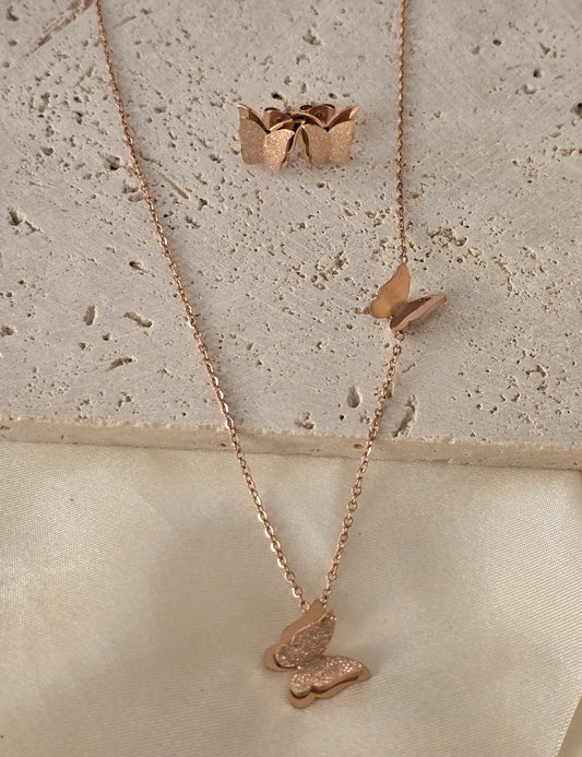 Rose Gold-Plated Butterfly Necklace & Earrings Set for Women, Elegant Gift