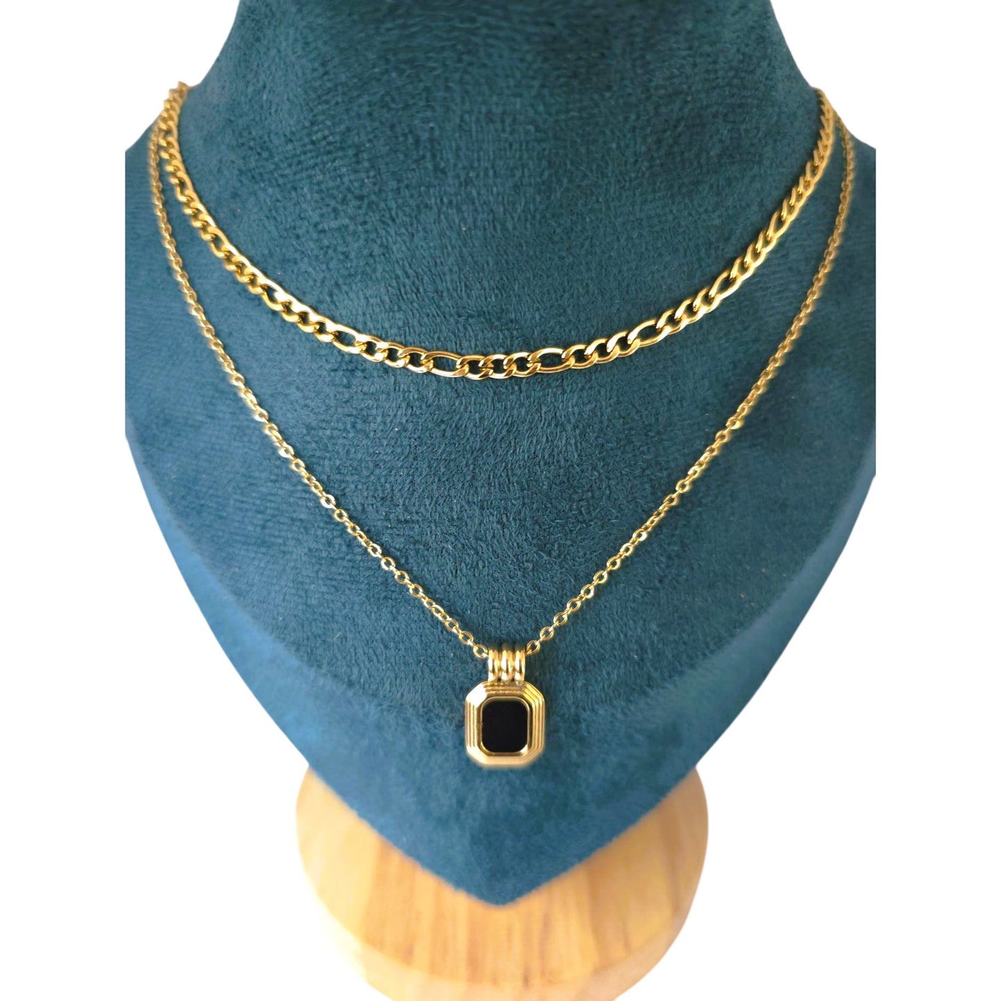 18K Gold-Plated Stainless-Steel Layered Link Chain and Square Black Pendant Necklace for Women