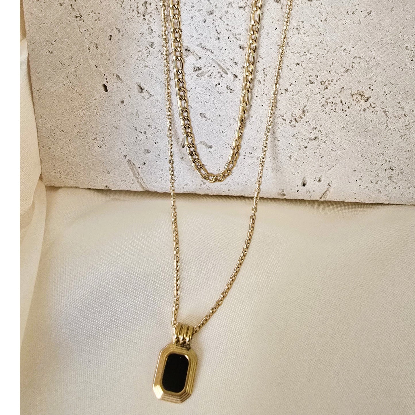 18K Gold Plated Stainless Steel Layered Chain and Square Black Pendant Necklace for Women
