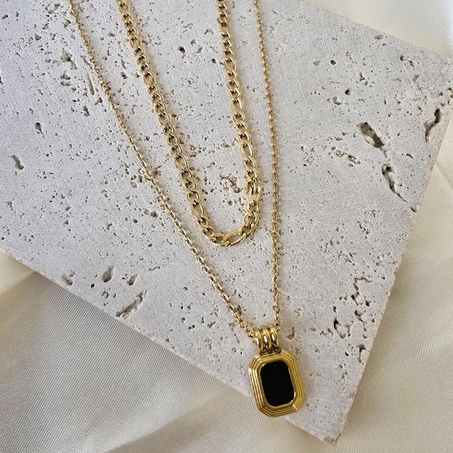 18K Gold Plated Stainless Steel Layered Chain and Square Black Pendant Necklace for Women