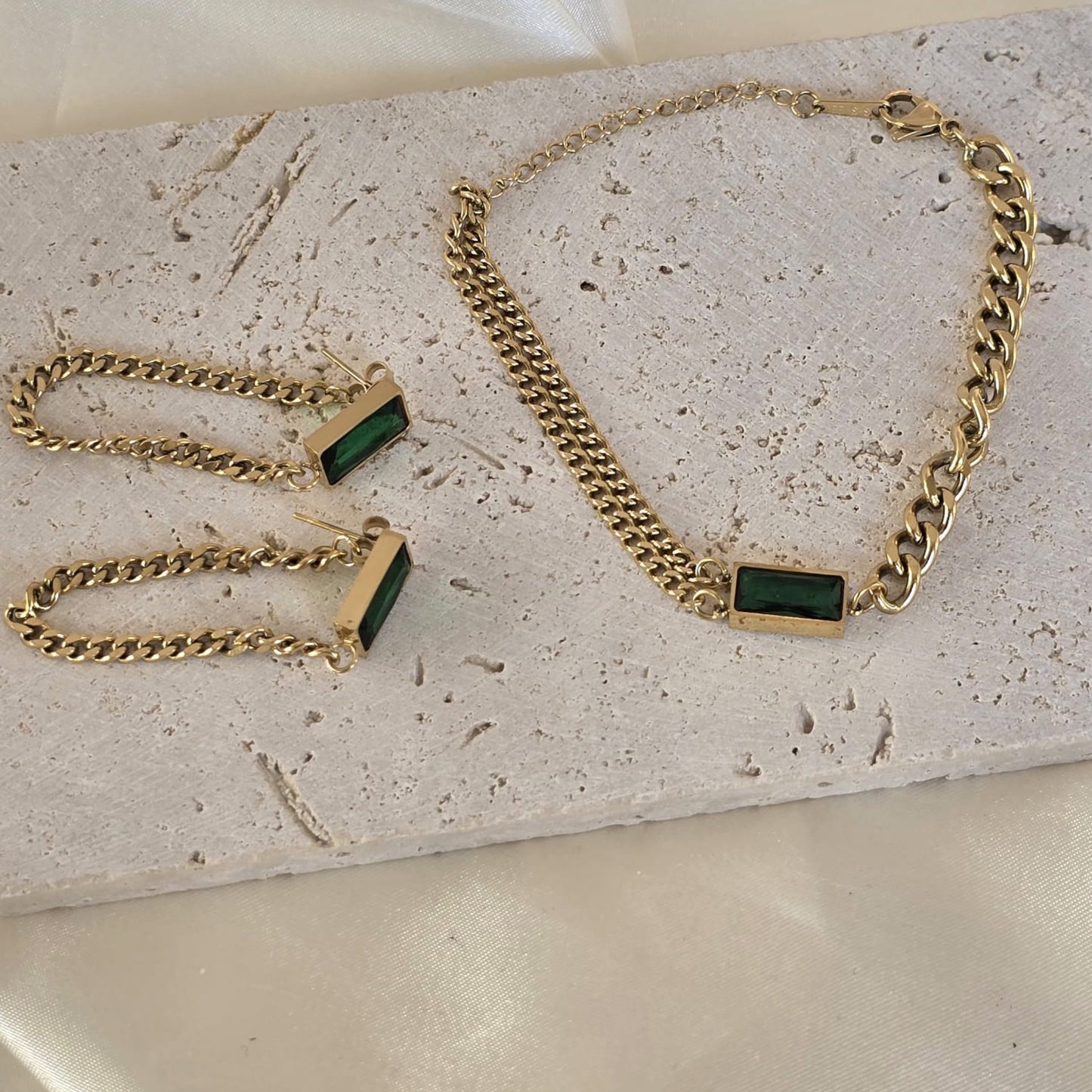 18K Gold-Plated Jewelry Set Green Zircon Earrings & Bracelet Women Gift