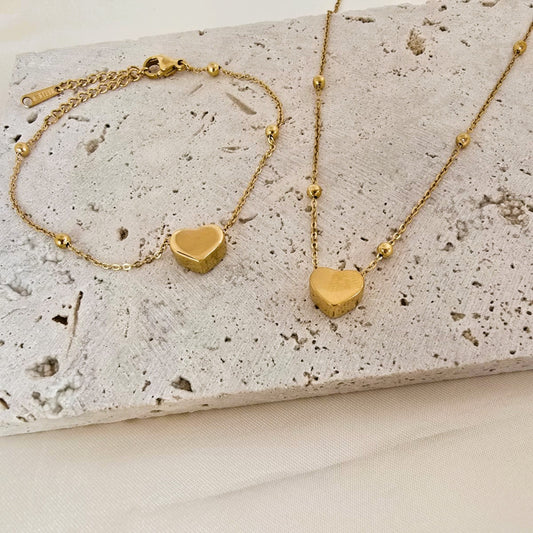 18K Gold-Plated Love Heart Bracelet & Pendant Necklace Set Women Gift