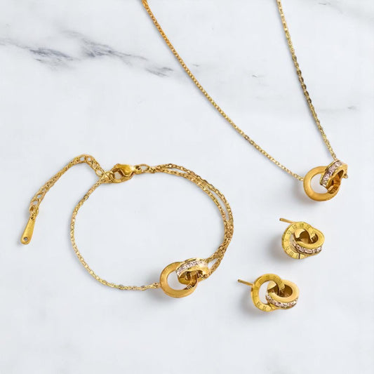 18K Gold-Plated Jewelry Set Round Earrings, Bracelet & Necklace Women Gift
