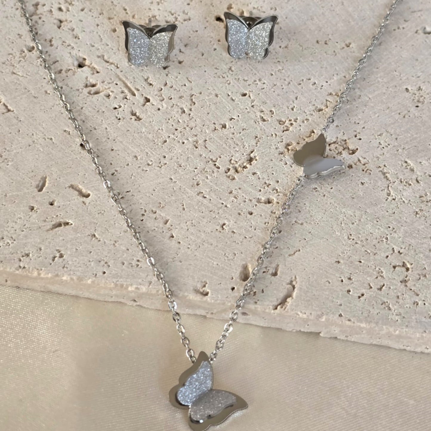 White Gold-Filled Butterfly Necklace & Earrings Set for Women, Elegant Gift