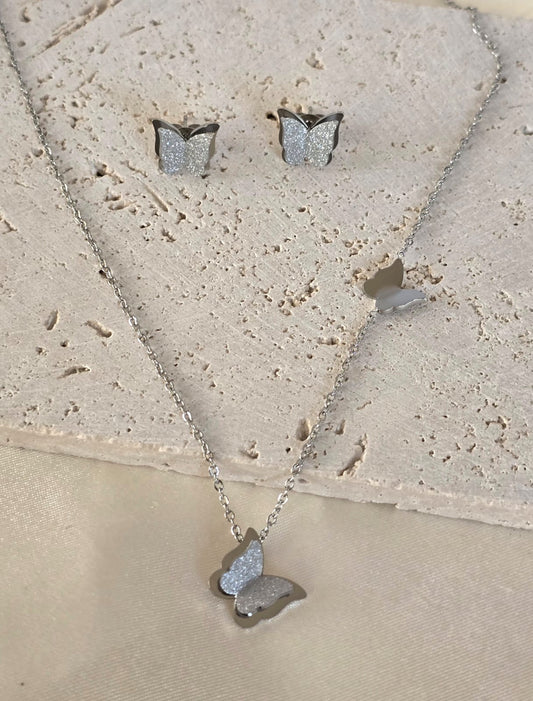 White Gold-PlatedButterfly Necklace & Earrings Set for Women, Elegant Gift