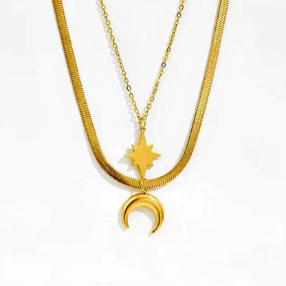 18K Gold Filled Double Layer Necklace – Moon & Star Pendant, 20"