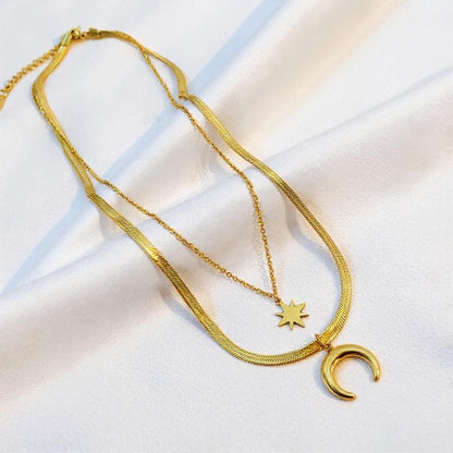 18K Gold Filled Double Layer Necklace – Moon & Star Pendant, 20"