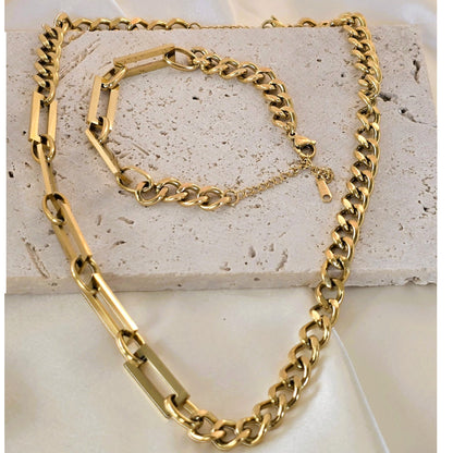 18K Gold-Filled Link Chain Bracelet Necklace Set for Women Classic Gift