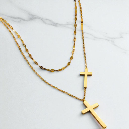 18K Gold Filled Three Cross Necklace Women’s Layered Pendant Chain 18"