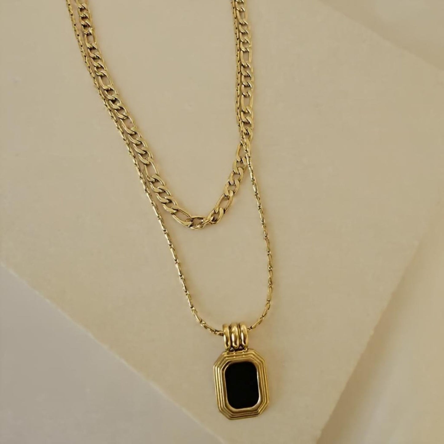 18K Gold Filled Stainless Steel Layered Chain and Square Black Pendant Necklace for Women