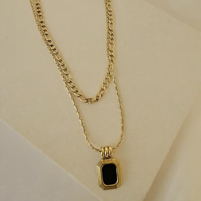 18K Gold Filled Stainless Steel Layered Chain and Square Black Pendant Necklace for Women
