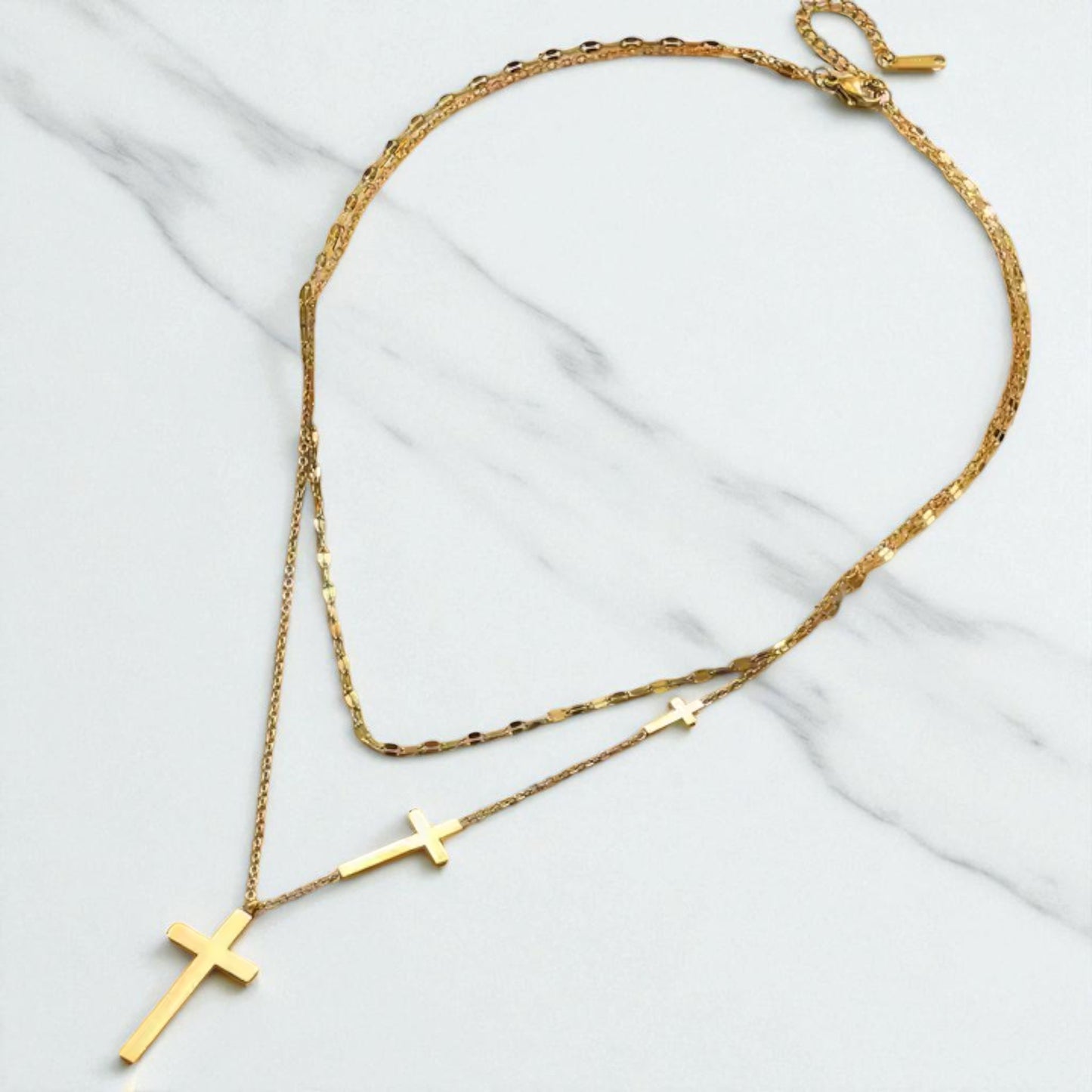 18K Gold Filled Three Cross Necklace Women’s Layered Pendant Chain 18"