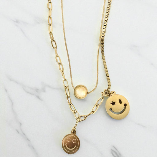 18K Gold Filled Double Layer Necklace Women’s Smile & Circle Pendant 18"