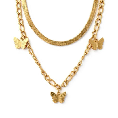 18K Gold Filled Butterfly Necklace Women’s Layered Snake and Link Chain 16"