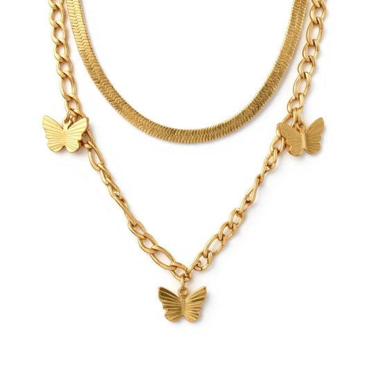 18K Gold Filled Butterfly Necklace Women’s Layered Snake and Link Chain 16"