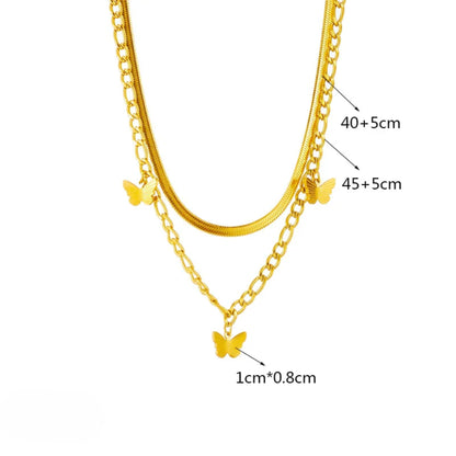 18K Gold Filled Butterfly Necklace Women’s Layered Snake and Link Chain 16"