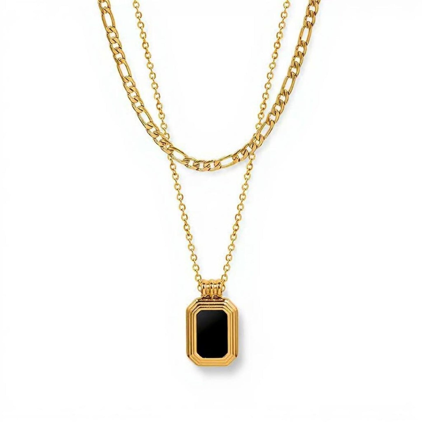 18K Gold-Filled Stainless-Steel Layered Link Chain and Square Black Pendant Necklace for Women