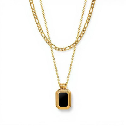 18K Gold-Filled Stainless-Steel Layered Link Chain and Square Black Pendant Necklace for Women