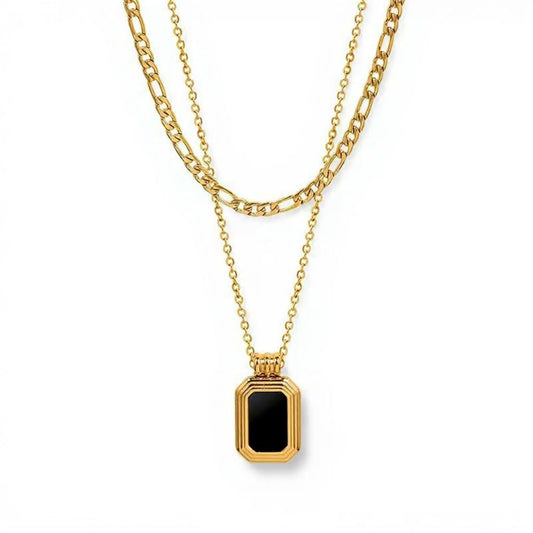 18K Gold Filled Stainless Steel Layered Chain and Square Black Pendant Necklace for Women