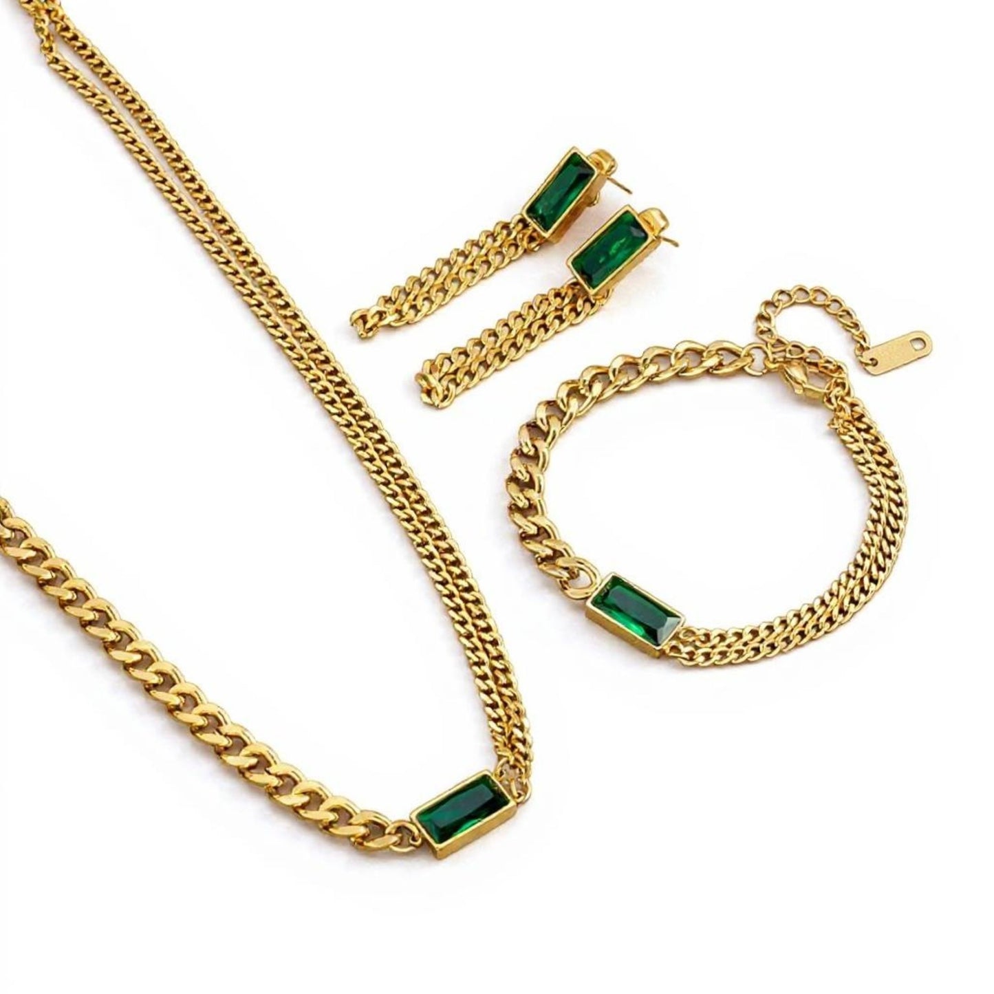 18K Gold-Filled Jewelry Set Green Zircon Earrings & Bracelet Women Gift